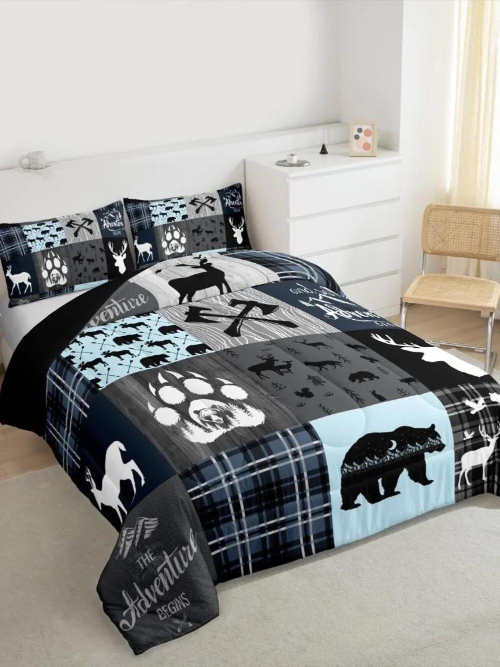Cabin Retro Rustic Lodge Quilt King Size, Bear Deer Country Comforter Set For Ki